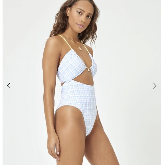 L*Space Rizzo seersucker blue and green and white swim suit xsmall - Picture 4 of 10